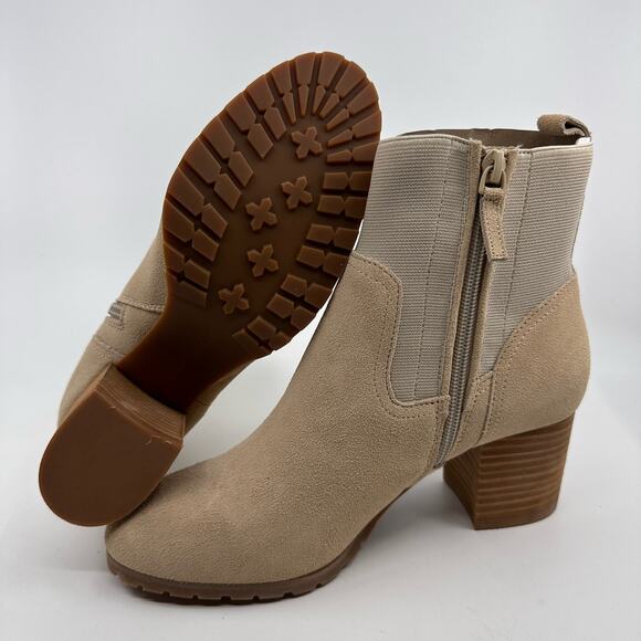 Violet & Red Loaded Knit Cuff Bootie Block Heel Faux Suede Tan Womens Size US 10 - Picture 8 of 9